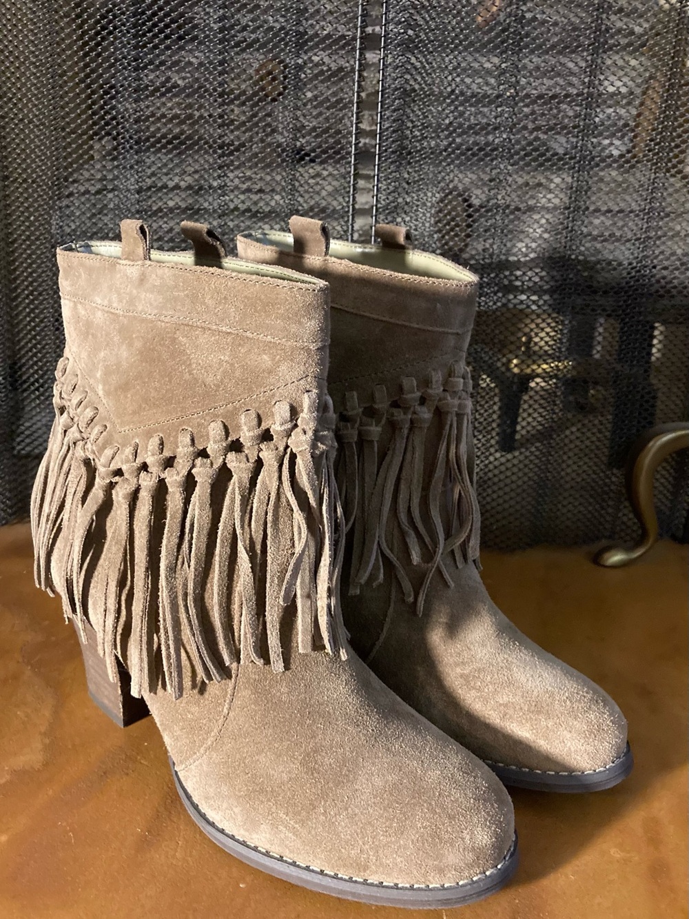 Sbicca Vintage Collection Taupe Suede Fringe Ankle Boots